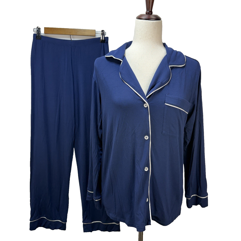 Eberjey Womens Gisele Tencel Modal Long Sleeve PJ Set Size XS Navy Ivory Pajamas